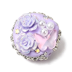 Фиолетовый Ручной полимерной глины шариков Rhinestone, с использованием смолы, АБС-пластика, искусственного жемчуга и железа., бусины в виде диско-шаров с цветами и бабочками, фиолетовые, 21~23x15~17 мм, отверстие : 1.8 мм