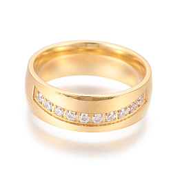 Золотой 304 палец кольца из нержавеющей стали, с кубического циркония, широкая полоса кольца, прозрачные, золотые, Размер 6~9, 16~19 мм