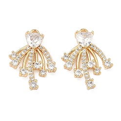 Настоящее золото 18K Латунные микропаве прозрачные подвески с фианитом, сердце с цветочными подвесками, реальный 18 k позолоченный, 19.5x15x3.5 мм, отверстие : 1.4 мм