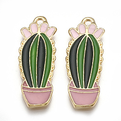 Green Alloy Enamel Pendants, Cactus, Light Gold, Green, 31x11x2mm, Hole: 1.5mm