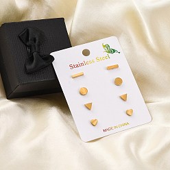 Золотой 304 комплекты сережек-гвоздиков из нержавеющей стали, треугольник и прямоугольник и плоский круг и сердце, золотые, 5~9x2~6 мм, 4 пара / комплект