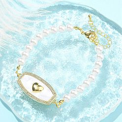 Настоящее золото 18K Браслеты из латуни с микропаве из прозрачного кубического циркония, Браслеты с подвесками из ракушек и эмали для женщин, с пластиковой жемчужины, Прямоугольник с сердцем, реальный 18 k позолоченный, 7-1/4 дюйм (18.5 см)