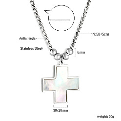 Couleur Acier Inoxydable 304 Colliers à pendentif croix religieuse en acier inoxydable et coquillage blanc naturel, chaîne à maillons, couleur inox, 19.69 pouce (50 cm)