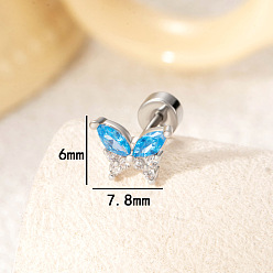 Темно-Голубой Серьги-бабочки из латуни с паве из кубического циркония для хряща, с 304 штифтов из нержавеющей стали, цвет нержавеющей стали, глубокое синее небо, 6x7.8 мм