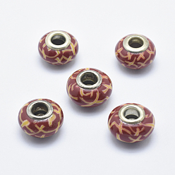 (123L) Белый крем непрозрачный блеск Европейские бусины, полимерная глина, ручная работа, с латунными сердечниками с серебряным покрытием, бусины с большим отверстием, рондель, огнеупорный кирпич, 13~16x8~11 мм, отверстие : 4.5~5 мм