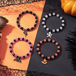 (52) Непрозрачная лаванда 4шт. 4 цвета браслеты с подвесками из сплава и эмали на тему Хэллоуина, стеклянные круглые бусины эластичные браслеты для мужчин и женщин, разноцветные, внутренний диаметр: 2-1/8~2-1/8 дюйм (5.3~5.5 см), 1 шт / цвет