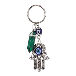 Mixed Stone Hamsa Hand with Evil Eye Alloy Enamel Pendant Keychain with Synthetic Mixed Gemstone Bullet, Iron Keychain Ring, 8.85cm