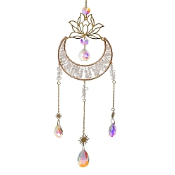 Quartz Crystal Moon Natural Quartz Crystal Chips Hanging Suncatcher, Metal Lotus and Glass Teardrop Charms for Window Prism Wall Decor, 550x100x20mm