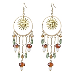 Кокосово-Коричневый Золотые 304 серьги-люстры из нержавеющей стали, серьги-подвески в стиле лэмпворк с грибами и стеклянными наггетсами, кокосового коричневый, 116~120x37~40 мм