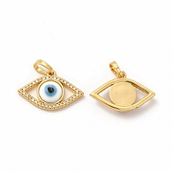 White Rack Plating Brass Micro Pave Clear Cubic Zirconia Pendants, with Handmade Evil Eye Lampwork, Cadmium Free & Lead Free, Long-Lasting Real 18K Gold Plated, Eye Charm, White, 15.5x23x4mm, Hole: 6x3mm