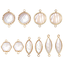 Белые Ракушки 10 шт. 5 стили латунные подвески-соединители с натуральным белым покрытием, с эпоксидной смолой, плоские круглые шестигранные звенья с конским глазом, золотые, 15.5~24x7.5~14x3.5~4.5 мм, отверстие : 1.6 мм, 2 шт / стиль