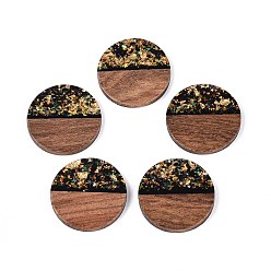 Черный Подвески из непрозрачной смолы и орехового дерева, плоские круглые прелести, с блестящей пудрой и золотой фольгой, чёрные, 28x3~4 мм, отверстие : 2 мм