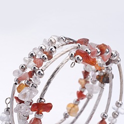 Red Five Loops Wrap Carnelian(Dyed) Beads Bracelets, with Crystal Chips Beads and Iron Spacer Beads, Red, 2 inch(52mm)