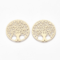Light Gold Brass Links connectors, Etched Metal Embellishments, Flat Round with Tree, Light Gold, 30x0.3mm, Hole: 1.2mm