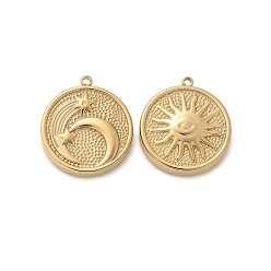 Настоящее золото 14K 304 подвески из нержавеющей стали, круглая плоская подвеска с луной и солнцем, реальный 14 k позолоченный, 20.5x18x4.5 мм, отверстие : 1.4 мм