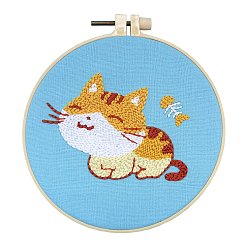 Cat Shape Animal Theme DIY Display Decoration Punch Embroidery Beginner Kit, Including Punch Pen, Needles & Yarn, Cotton Fabric, Threader, Plastic Embroidery Hoop, Instruction Sheet, Cat Shape, 155x155mm