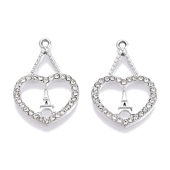 Платина Стойки подвески обшивки сплава, со стразами, Сердце с Эйфелевой башни, платина, 27x18.5x2 мм, отверстие : 1.6 мм