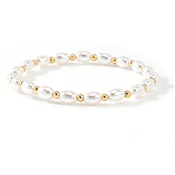 Белый Элегантные браслеты из искусственного жемчуга и рисовых бусин, эластичные, с фурнитурой из нержавеющей стали и латуни для женщин, золотые, белые, 6.89 дюйм (17.5 см)