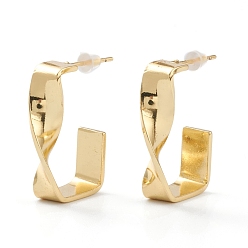 Real 18K Gold Plated Brass Half Hoop Earrings, with Steel Pin and Plastic Ear Nuts, Long-Lasting Plated, Twist Rectangle, Real 18K Gold Plated, 24.5x17x6mm, Pin: 0.8mm