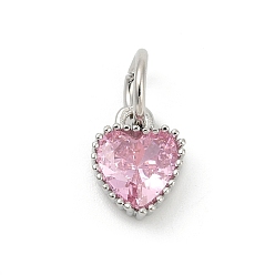 Pink Латунные микро проложить кубического циркония подвески, сердце прелести, стойки покрытие, долговечный, с целью перехода в кольце, розовые, 9x7x3.5 мм