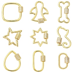 Mixed Shapes 9 шт. 9 стили латунные микропаве прозрачные кубические цирконии с винтовым карабином и замком, без кадмия, без никеля и без свинца, реальный 18 k позолоченный, разнообразные, 19~27x11~23.5x2~2.5 мм, 1 шт / стиль