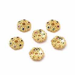 Real 18K Gold Plated Brass Bead Caps, with Rhinestones, 6-Petal, Flower, Real 18K Gold Plated, 8x2mm, Hole: 1.5mm