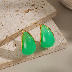 Зеленый 304 серьги-гвоздики-капли из нержавеющей стали, cmолой, реальный 18 k позолоченный, зелёные, 26x15 мм
