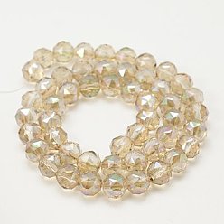 Lemon Chiffon Electroplate Glass Beads Strands, Full Rainbow Plated, Faceted, Round, Lemon Chiffon, 8mm, Hole: 1mm