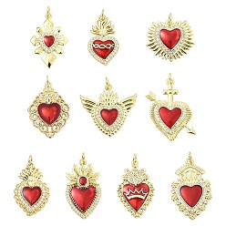 Настоящее золото 18K 10 шт. 10 стили подвески из латуни класса ААА с кубическим цирконием, с эмалью, сердце, реальный 18 k позолоченный, 18~28x13.5~24x2.5~4 мм, отверстие : 3~3.6 мм, 1 шт / стиль