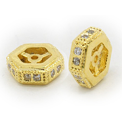 Golden Brass Cubic Zirconia Beads, Hexagon, Golden, 8x8x2.5mm, Hole: 0.5mm