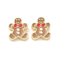 Gingerbread Man Рождественские латунные эмалевые бусины, без свинца и без кадмия, долговечный, реальный 18 k позолоченный, стойки покрытие, Колобок, 15x13x5 мм, отверстие : 2 мм