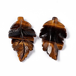 Тигровый глаз Природных тигровый глаз подвески, лист прелести, 41.5x25~26x5 мм, отверстие : 0.8 мм