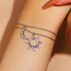 Stainless Steel Color 304 Stainless Steel Moon Sun Charm Bracelet Sets, 2-Strand Stackable Bracelets for Women, Stainless Steel Color, 6.30 inch(16cm), 2pcs/set