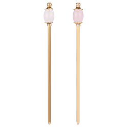 Golden 2Pcs Natural Rose Quartz Barrel Bead with Brass Hair Sticks, Golden, 150mm