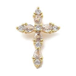 Настоящее золото 18K Латунные микропаве прозрачные подвески с фианитом, крестик, стойки покрытие, долговечный, без свинца и без кадмия, реальный 18 k позолоченный, 22.5x16.5x4 мм, отверстие : 3.5 мм