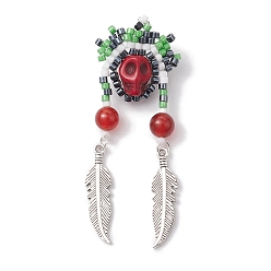 Малиновый Подвеска из стекла и синтетической бирюзы, с пером из сплава и 304 переходными кольцами из нержавеющей стали, античное серебро, череп, для Хэллоуина, малиновый, 55x22x9.5 мм