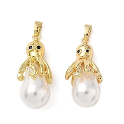 Настоящее золото 18K Латунные микро проложить кубического циркония подвески, осьминог со слезой, с abs имитационными жемчужными бусинами , реальный 18 k позолоченный, 27.5x13x14 мм, отверстие : 4x3 мм