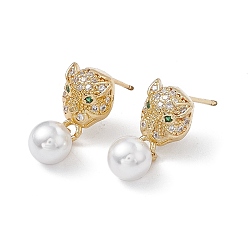 Real 18K Gold Plated Leopard Rack Plating Brass Micro Pave Clear Cubic Zirconia Stud Earrings, Plastic Pearl Dangle Earring for Women, Lead Free & Cadmium Free, Real 18K Gold Plated, 20mm, Pin: 0.7mm