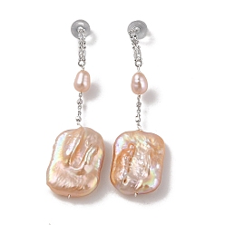 Платина Серьги-гвоздики из стерлингового серебра с защитой от потускнения, с натуральной жемчужиной, украшения для женщин, прямоугольные, платина, 50x14~14.5 мм