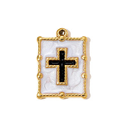 Белый 304 нержавеющей стальной эмали подвески, прямоугольник с крестиком, ионное покрытие (ip), реальный 18 k позолоченный, белые, 21x15 мм