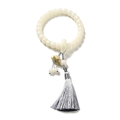 White White Jade Bodhi Root Round Beaded Stretch Bracelets, with Tassel Pendants, White, Inner Diameter: 2-1/2 inch(6.5cm)