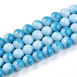 Темно-Голубой Выпечки нарисованных стеклянных бусин прядей, имитировать фарфоровые бусины, круглые, два тона, глубокое синее небо, 8~8.5 мм, отверстие : 1 мм, около 99~106 шт / нитка, 30.31~32.28 дюйм (77~82 см)