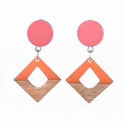 Orange Resin & Wood Dangle Earrings, with Pear Wood Beads and 304 Stainless Steel Stud Earring Findings, Plastic Ear Nuts, Rhombus, Orange, 48mm, Pin: 0.7mm