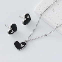 Black 304 Stainless Steel Enamel Heart Pendant Necklace & Stud Earrings Set for Women, Golden, Black, 450mm