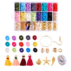 Golden DIY Dangle Earring Making, with Handmade Polymer Clay Beads, Shell Beads, Tibetan Style Alloy Pendants, Brass Earring Hooks and Nylon Thread Tassel Pendant Decorations, Golden, 190x130x36mm