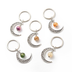 Mixed Color Tibetan Style Alloy Pendants Keychain, with Iron Split Key Rings and Acrylic, Moon, Mixed Color, 7.2cm