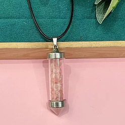 Клубничный Кварц Ожерелье из цинкового сплава с шестиугольной стеклянной бутылкой, внутри которой находится подвеска из натурального клубничного кварца, на шнурке из черной искусственной кожи., платина, 19.69 дюйм (50 см)