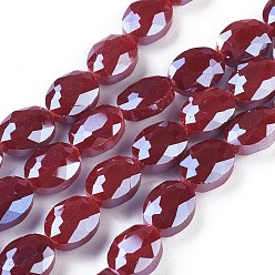 Темно-Красный Стеклянные бусины с гальваническим покрытием , граненые, овальные, темно-красный, 12x9x5 мм, отверстие : 1 мм, около 30 шт / нитка, 14.1 дюйм
