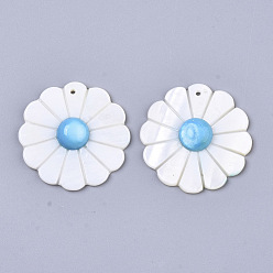 Deep Sky Blue Natural Freshwater Shell Pendants, Dyed, Flower, Deep Sky Blue, 30x5~6mm, Hole: 1.2mm