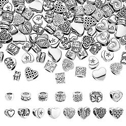 Античное Серебро 120 шт 15 стили европейские бусины из сплава в тибетском стиле, сердце, бусины с большим отверстием, без кадмия и без свинца, античное серебро, 7.5~11x8~12x4.5~8.5 мм, отверстие : 4~5 мм, 8 шт / стиль